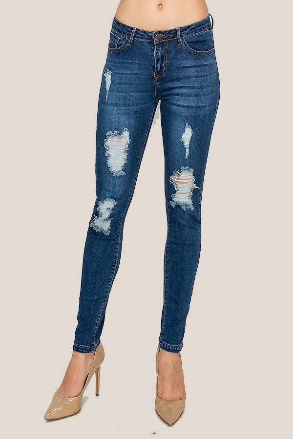 MID RISE DISTRESSED DENIM SKINNY JEANS - Luvin Stuff Boutique