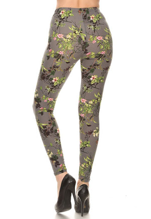 GRAY & GREEN FLORAL PRINT LEGGINGS - Luvin Stuff Boutique