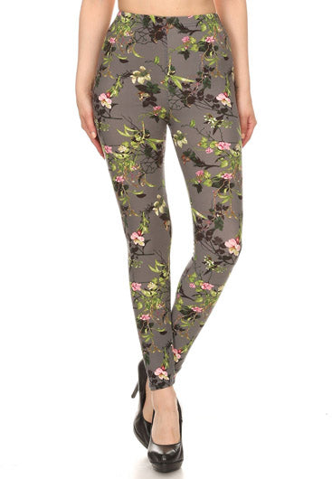 GRAY & GREEN FLORAL PRINT LEGGINGS - Luvin Stuff Boutique