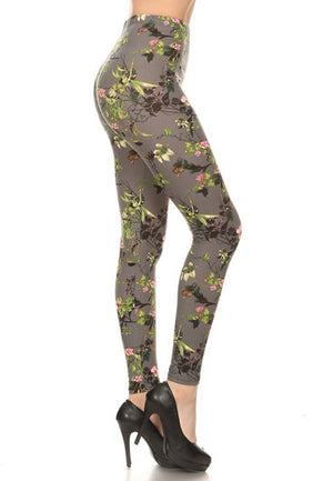 GRAY & GREEN FLORAL PRINT LEGGINGS - Luvin Stuff Boutique